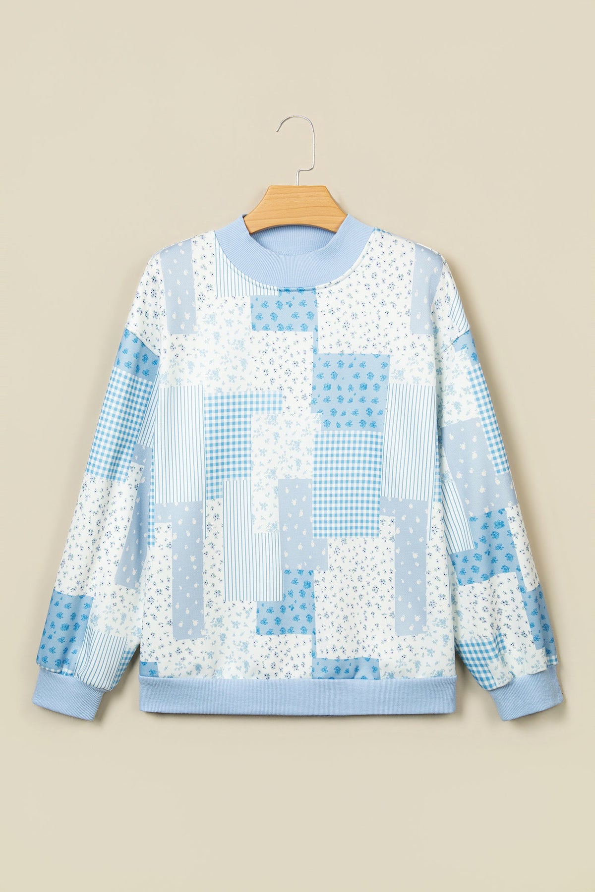 Sky Blue Patchwork Floral Print Mock Neck Long Sleeve Sweatshirt