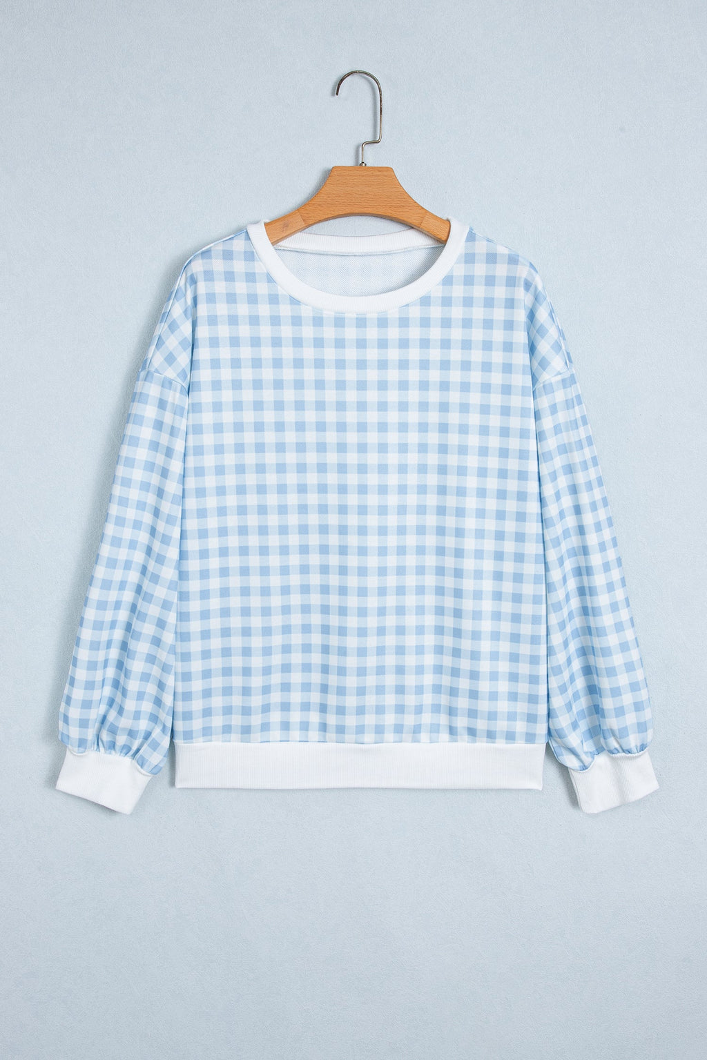 Light Blue Plaid Round Neck Long Sleeve Sweatshirt