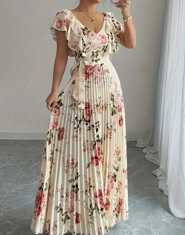 Women's V-neck Printed Ruffle A-line Dress