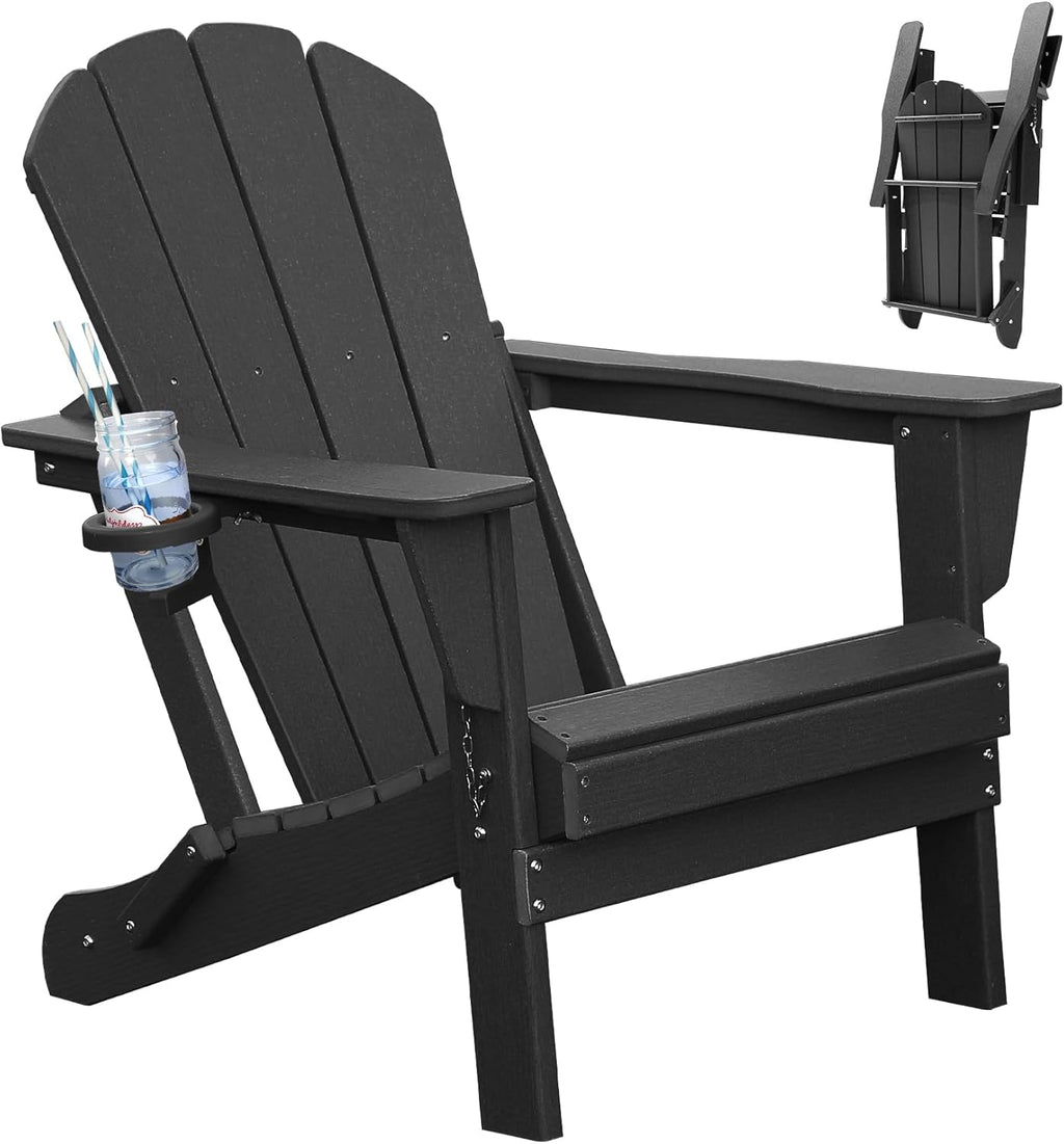 Folding Adirondack Chair with Cup Holder - Black