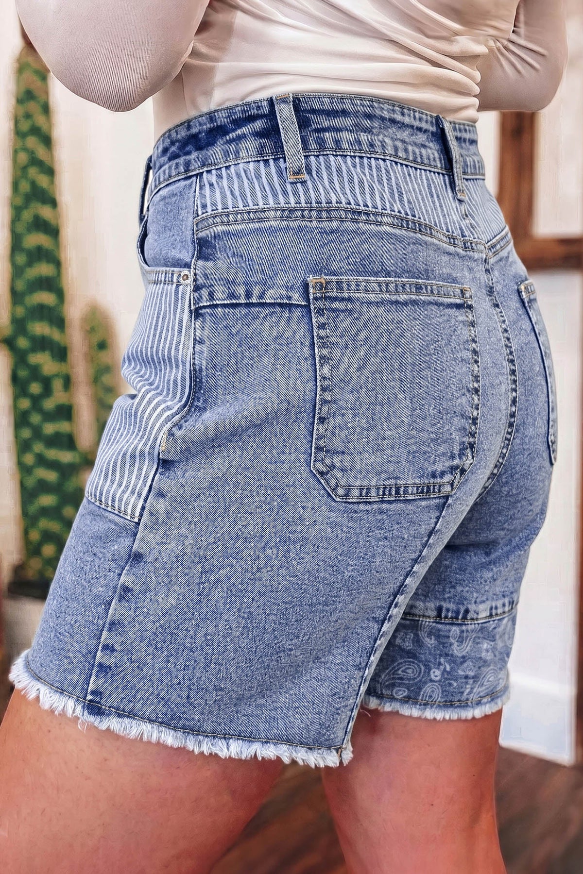 Sky Blue Striped Paisley Mixed Patchwork Raw Hem Denim Shorts
