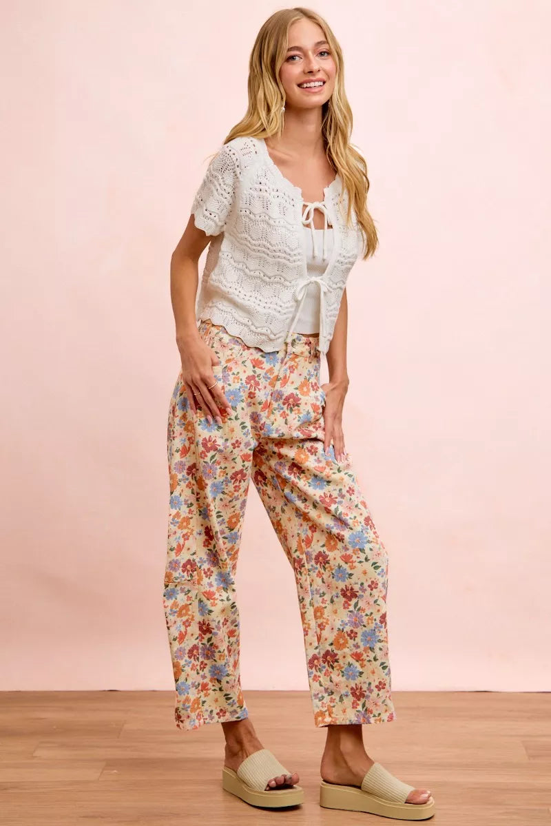 Cream Multi Washed Floral Printed Twill Barrel Pants by BiBi