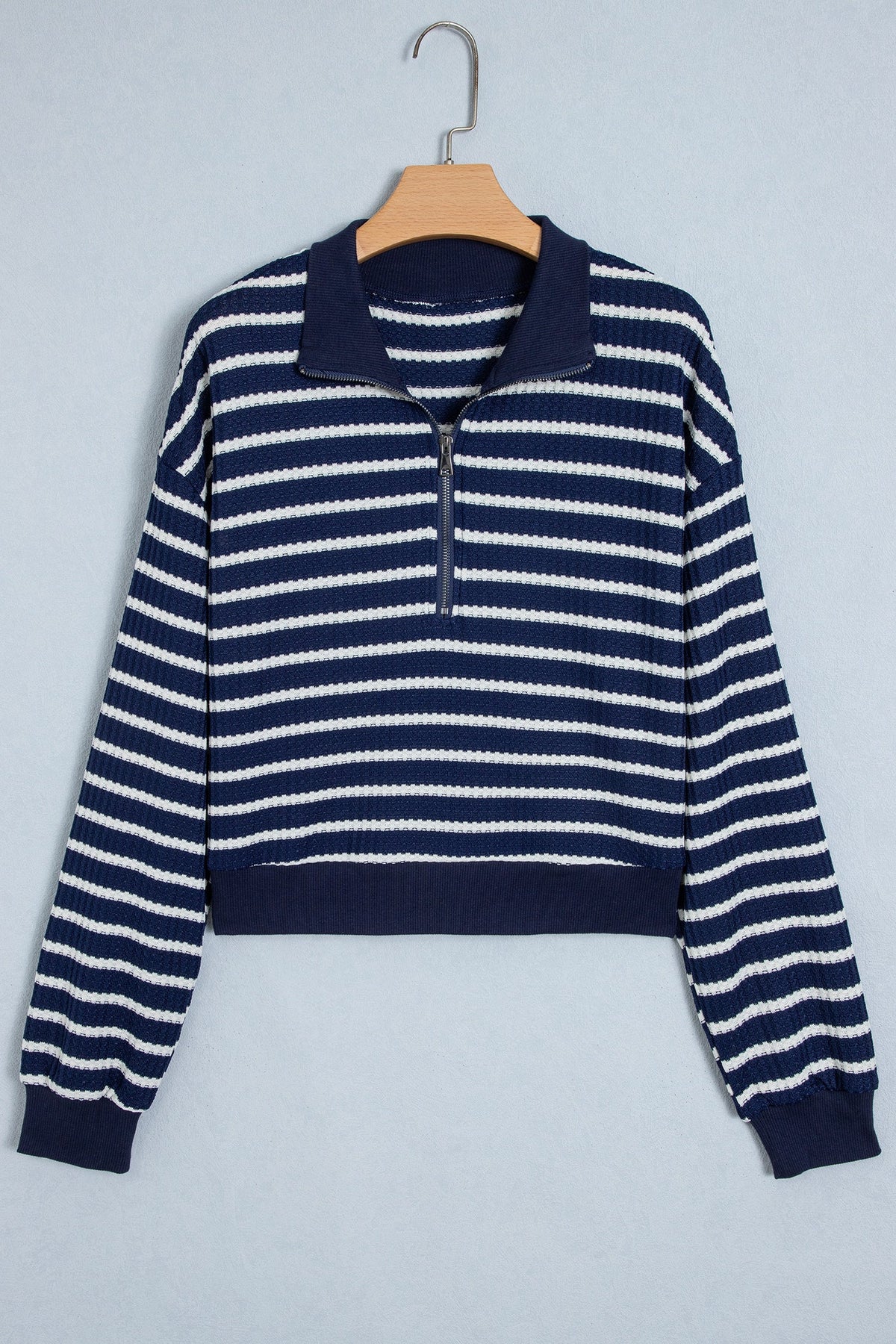 Stripe Half Zip Collared Long Sleeve Textured Knit Top