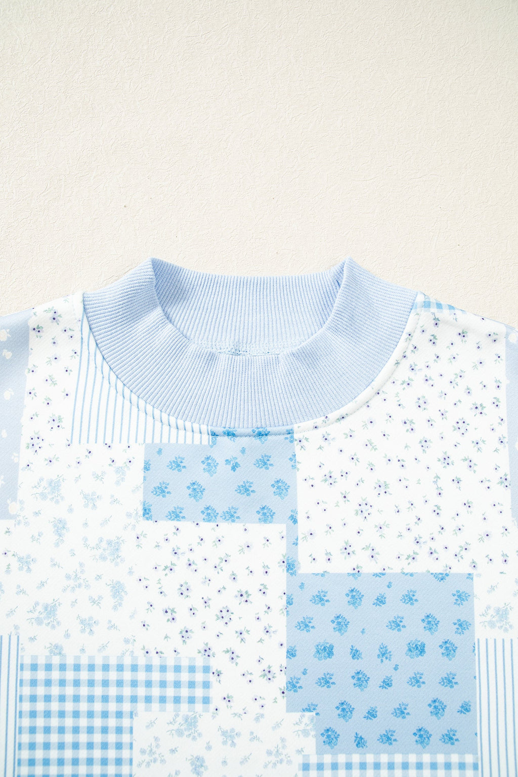 Sky Blue Patchwork Floral Print Mock Neck Long Sleeve Sweatshirt