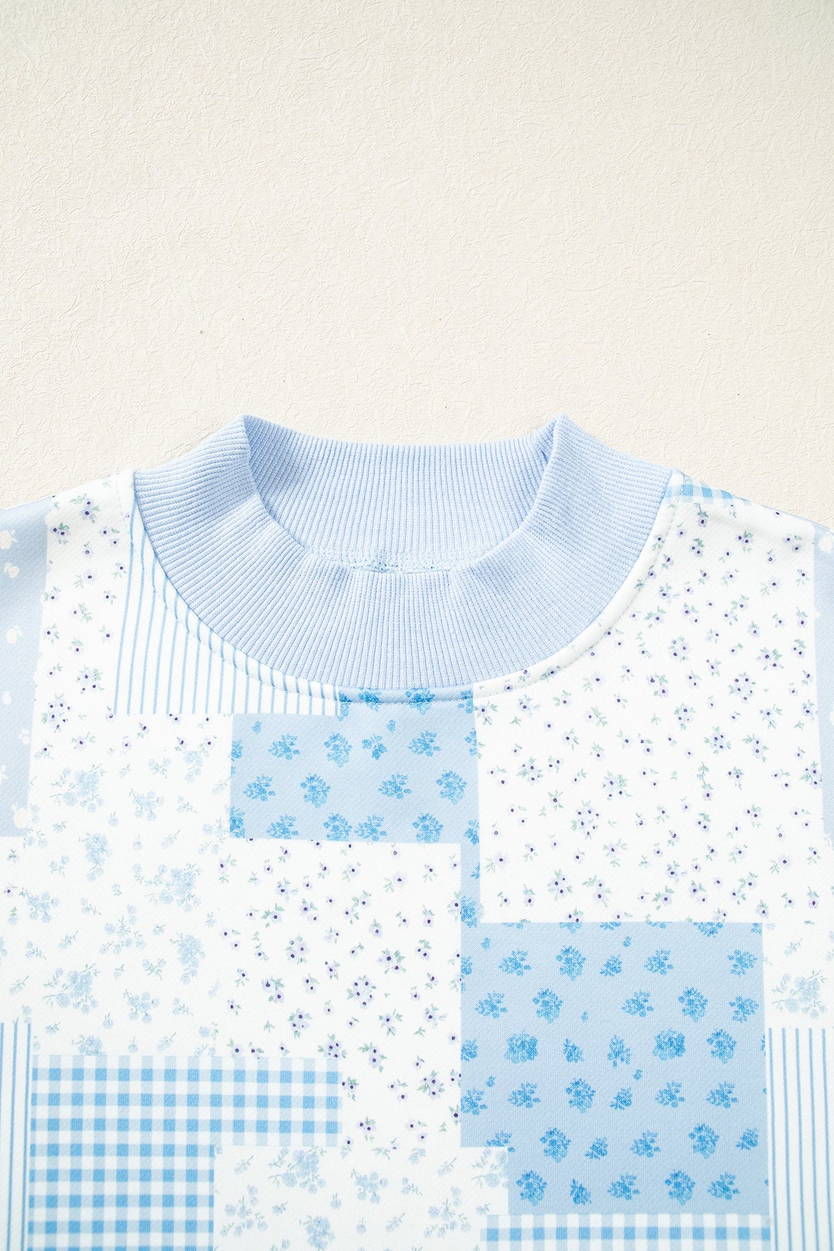 Sky Blue Patchwork Floral Print Mock Neck Long Sleeve Sweatshirt