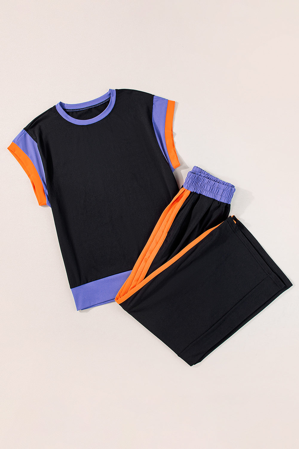 Colorblock Short Sleeve Top & Wide Leg Pants Set
