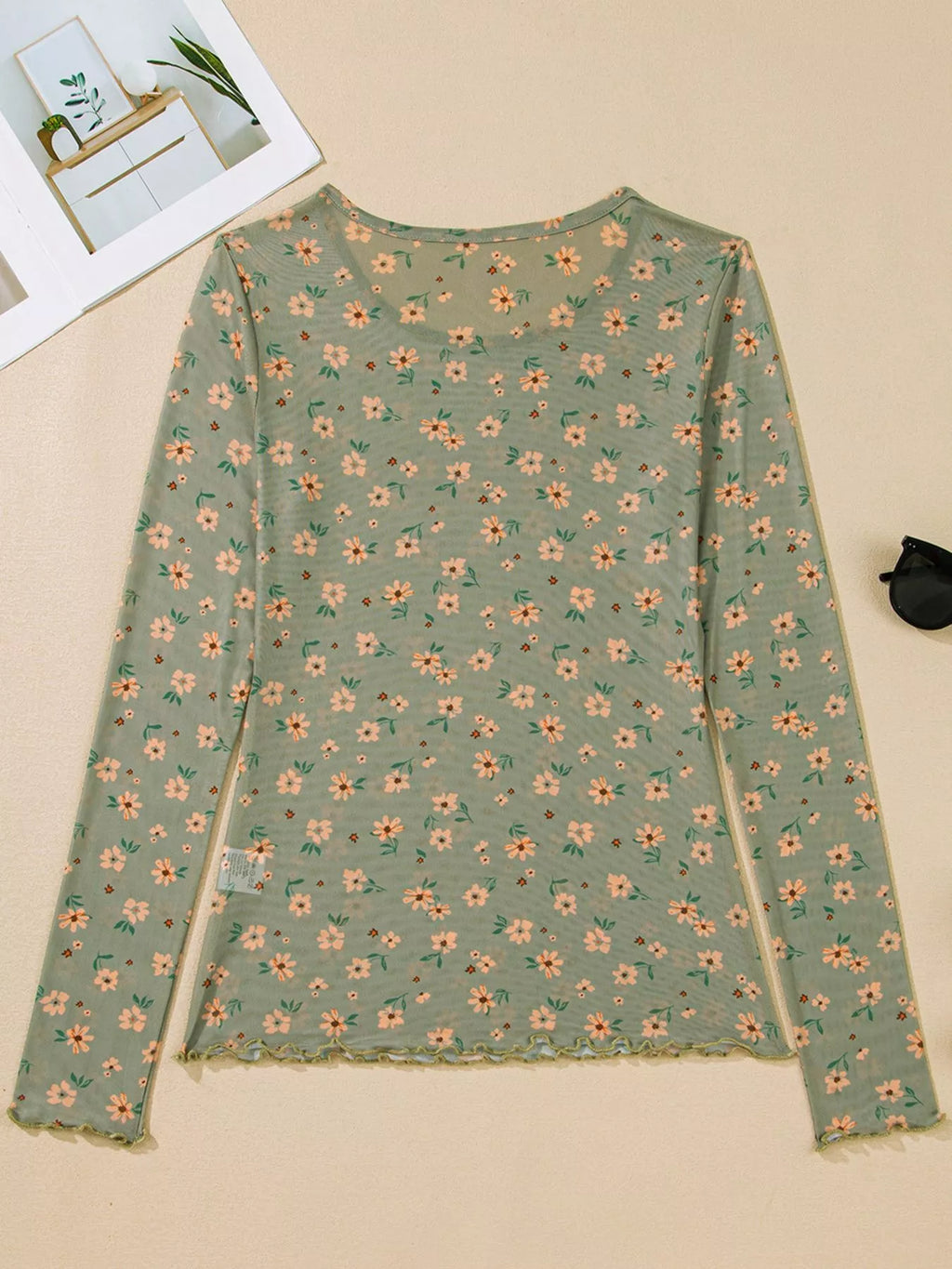 Floral Print Mesh Long Sleeve Top