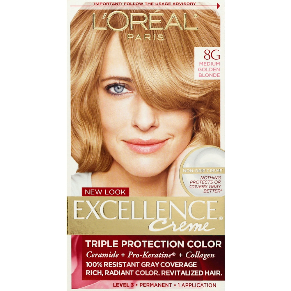 Excellence L'Oreal Paris Créme Permanent Triple Protection Hair Color, 8G Medium Golden Blonde, 1 Kit