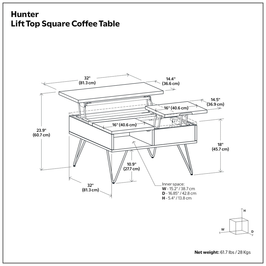 Hunter 32 Inch Wide Solid Wood Lift Top Square Coffee Table