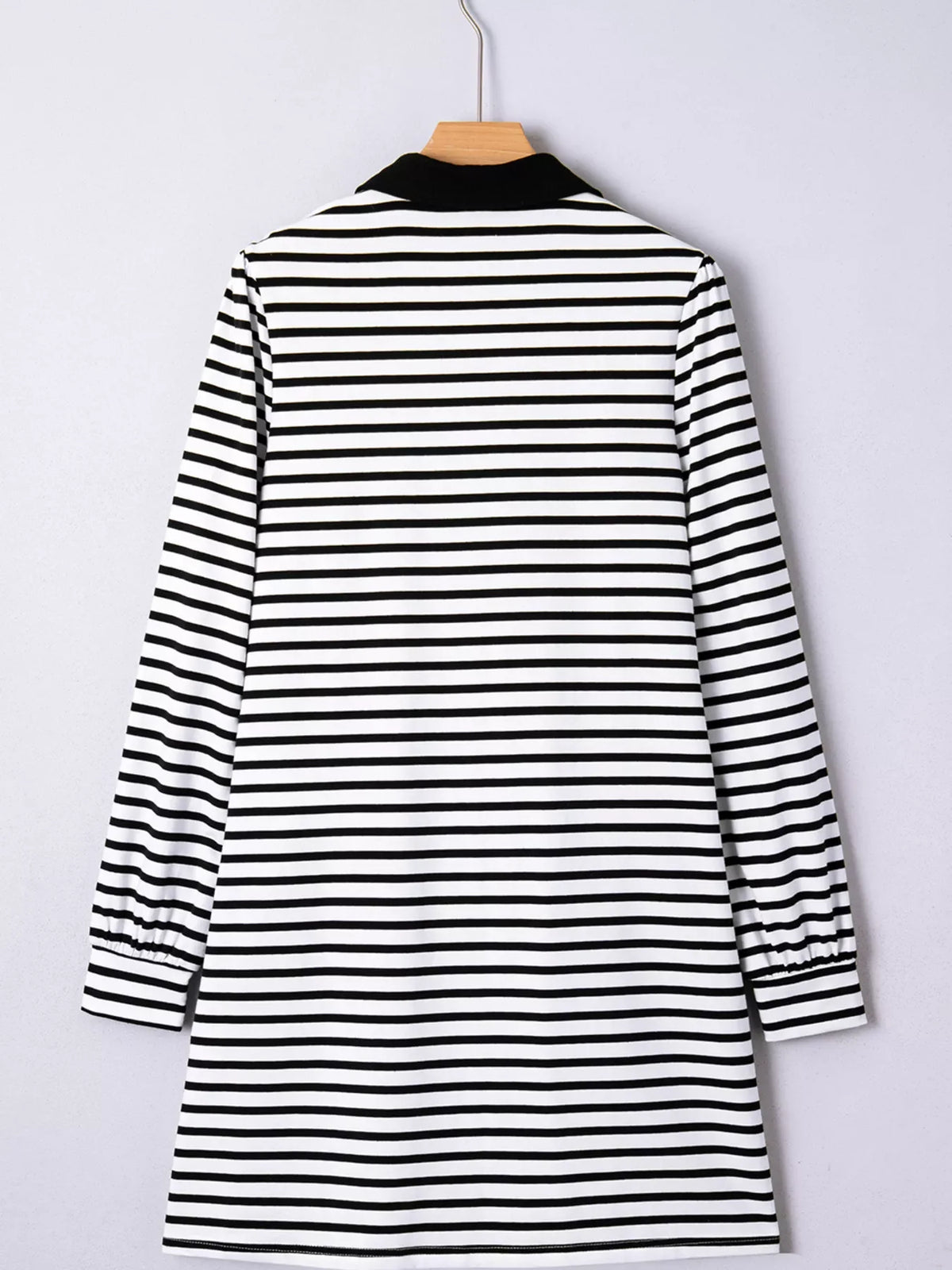 Stripe Buttoned Front Collared Long Sleeve T Shirt Dress with Pockets