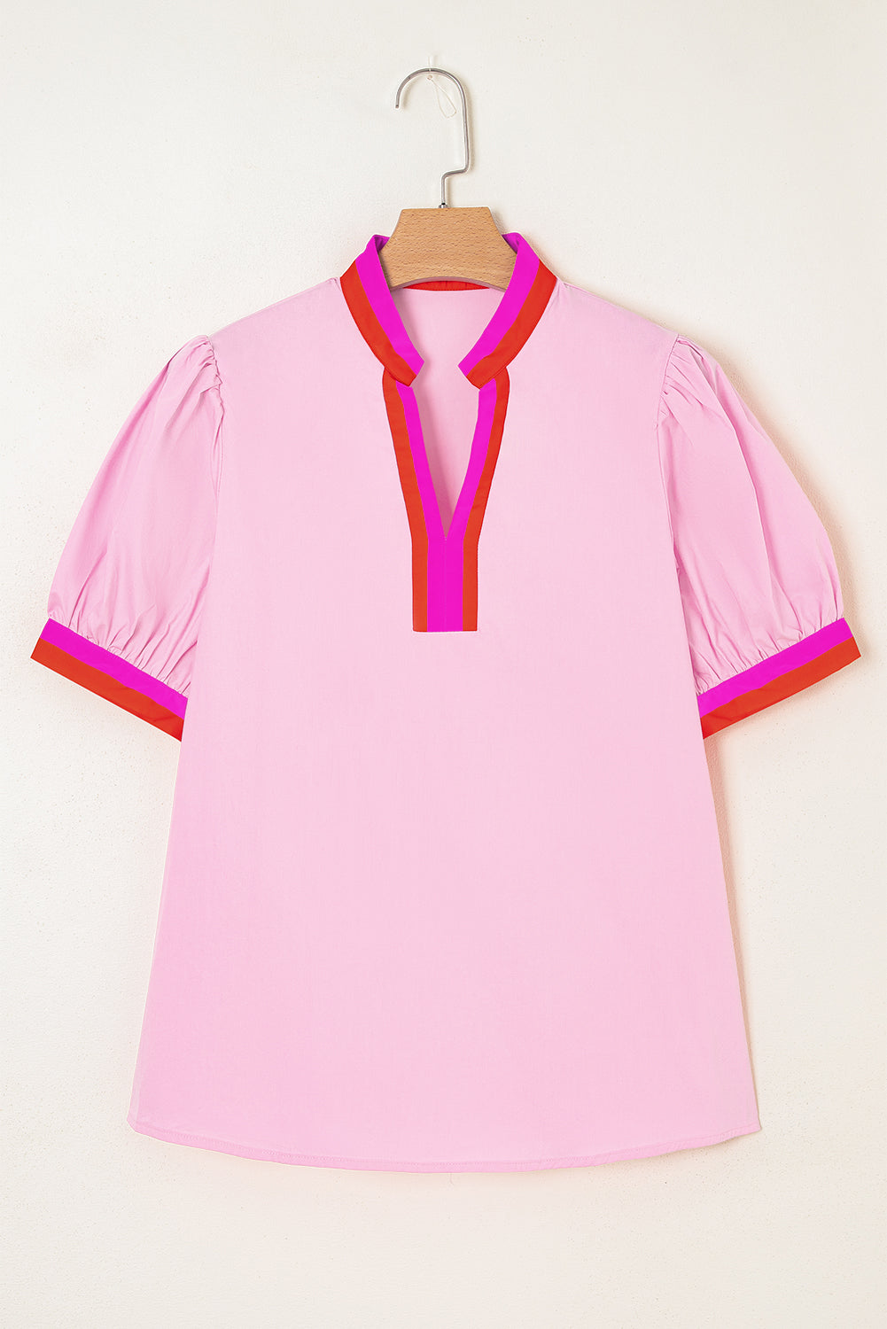 Contrast Stripe V-Neck Short Puff Sleeve Blouse