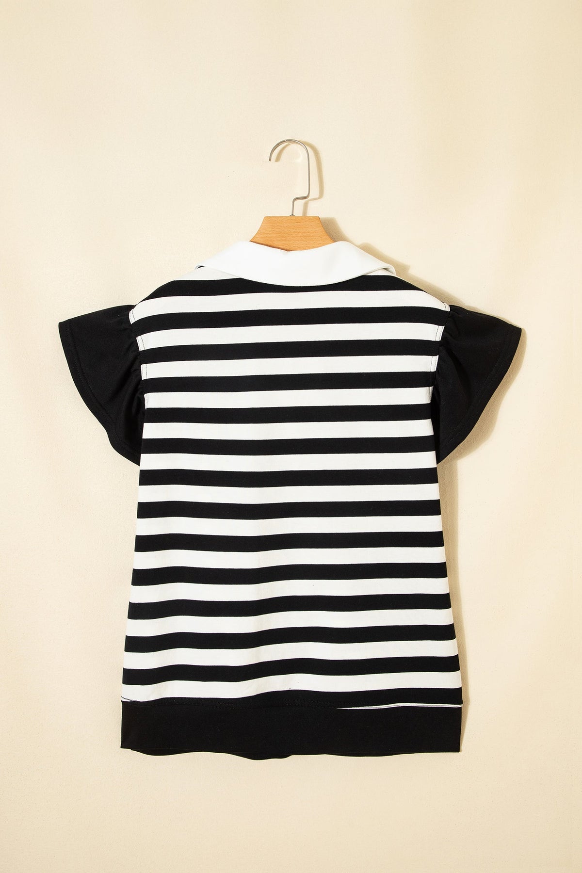 Stripe Collar V-Neck Ruffle Short Sleeve Blouse