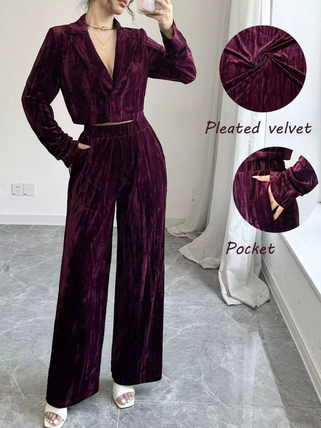 Pleated Velvet Blazer & Wide Leg Pants Set
