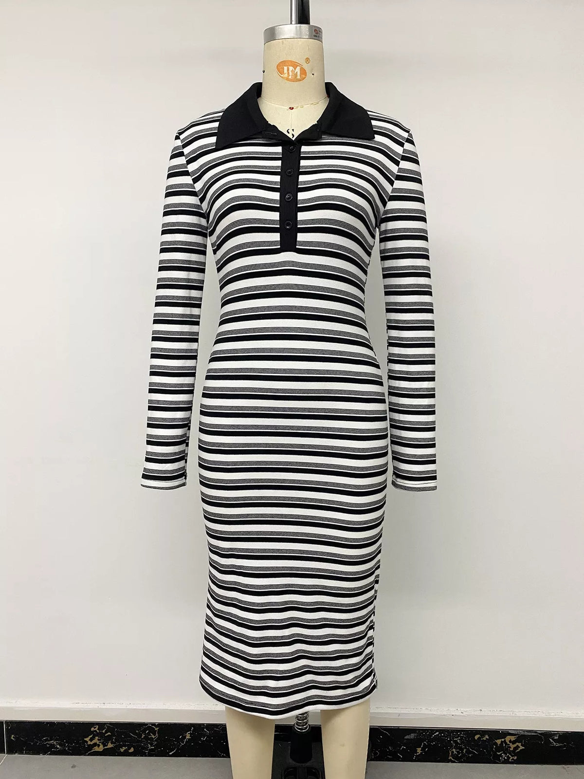 Striped Polo Collar Midi Dress