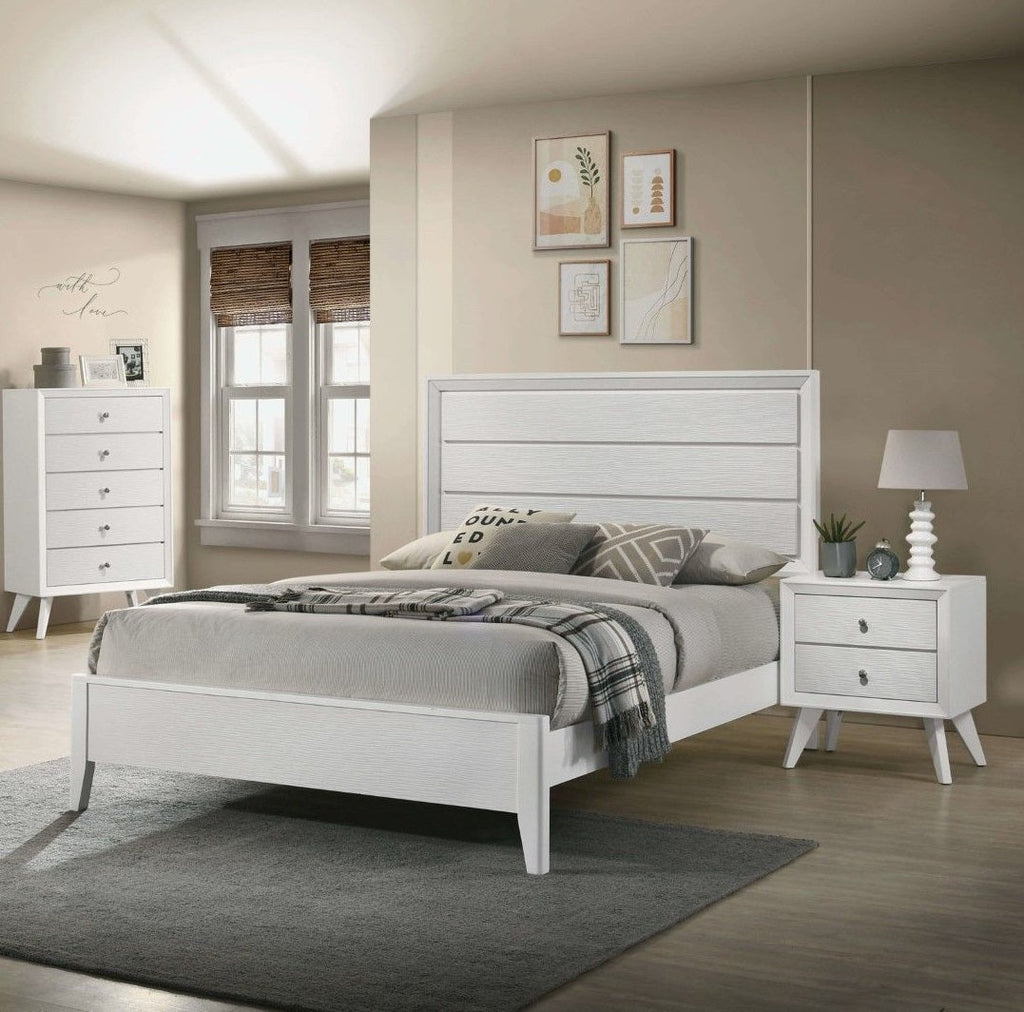 White Cal King Size Bed 2x Nightstands Wave Texture Panel HB