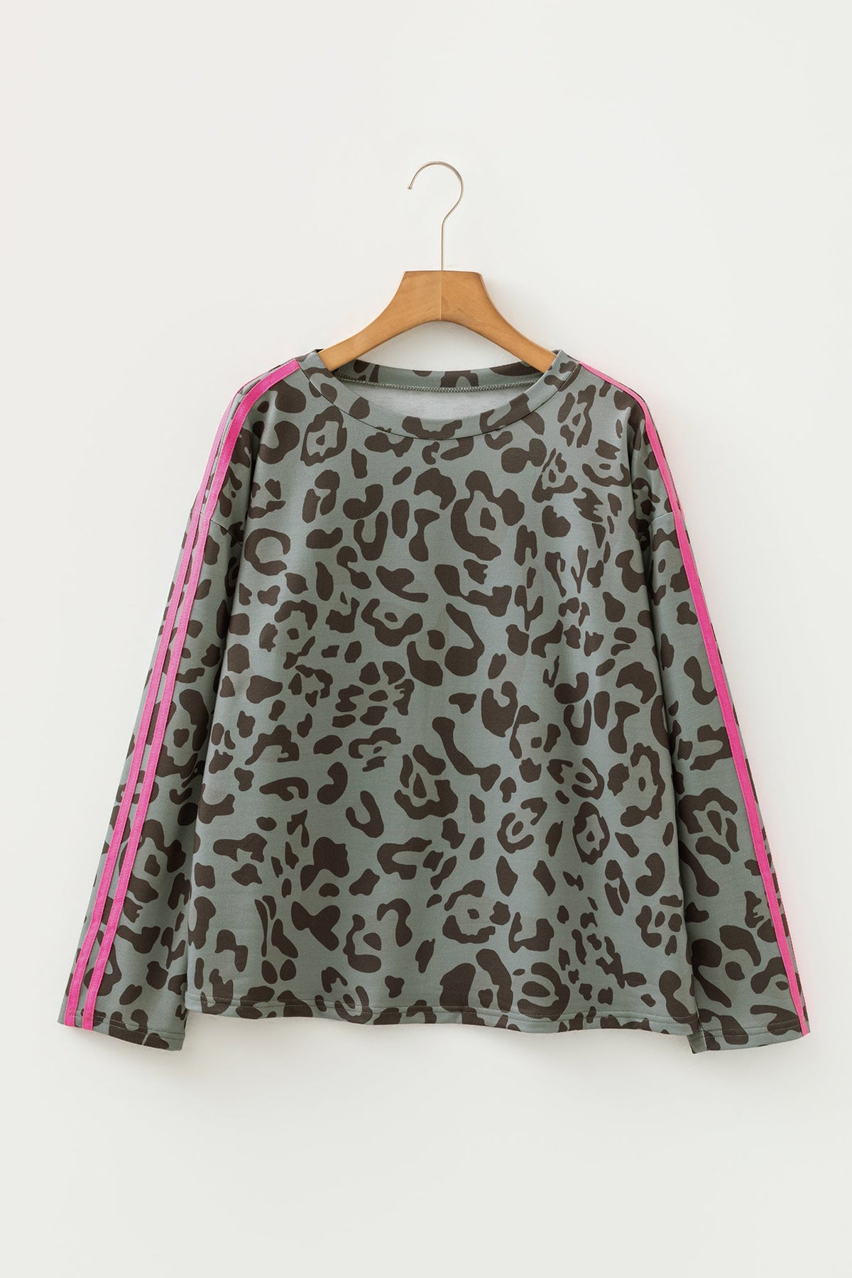 Green Leopard Print Varsity Striped Trim Long Sleeve Top