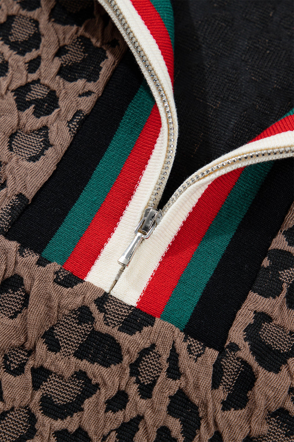 Brown Leopard Jacquard Striped Patchwork Half Zip Short Sleeve Blouse