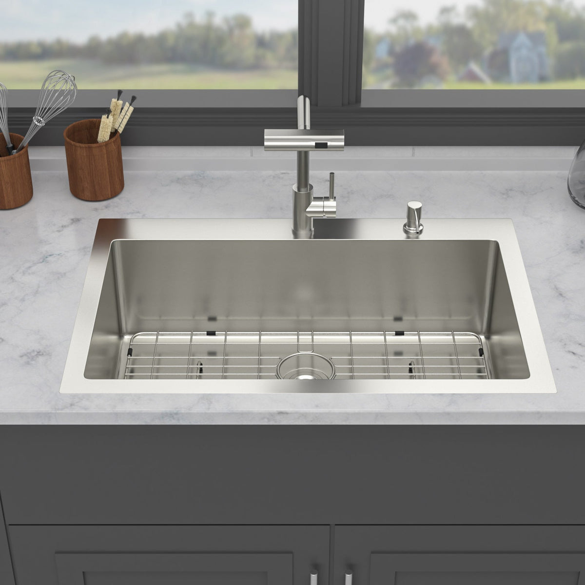30" Drop-In Kitchen Sink with Pull-Out Faucet and Soap Dispenser