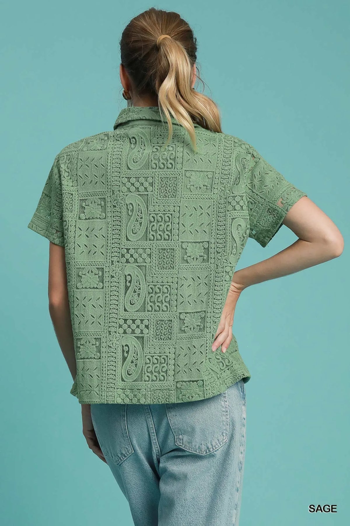 Umgee Patch Lace Short Sleeve Button Down Shirt