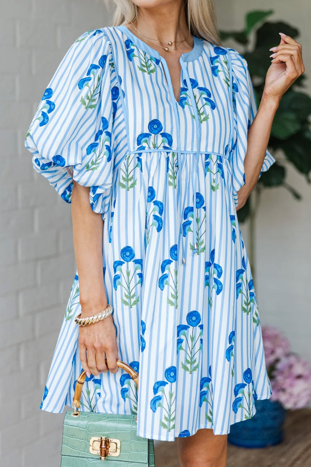 Floral Stripe Tie Notch Puff Sleeve Dress