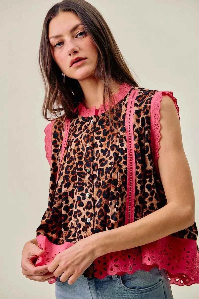 Leopard Button Up Pleated Pink Trim Sleeveless Blouse by So Me