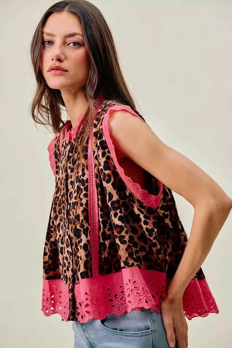 Leopard Button Up Pleated Pink Trim Sleeveless Blouse by So Me