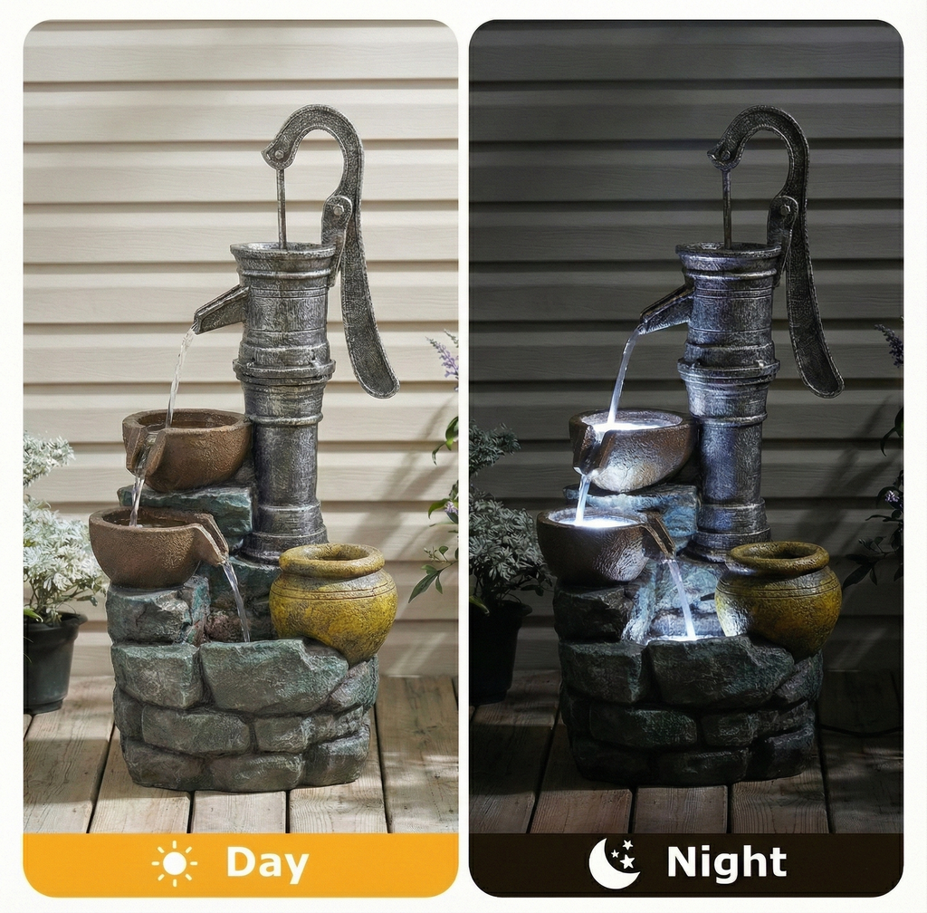 32" H Large Outdoor Water Fountain with Vintage Pump