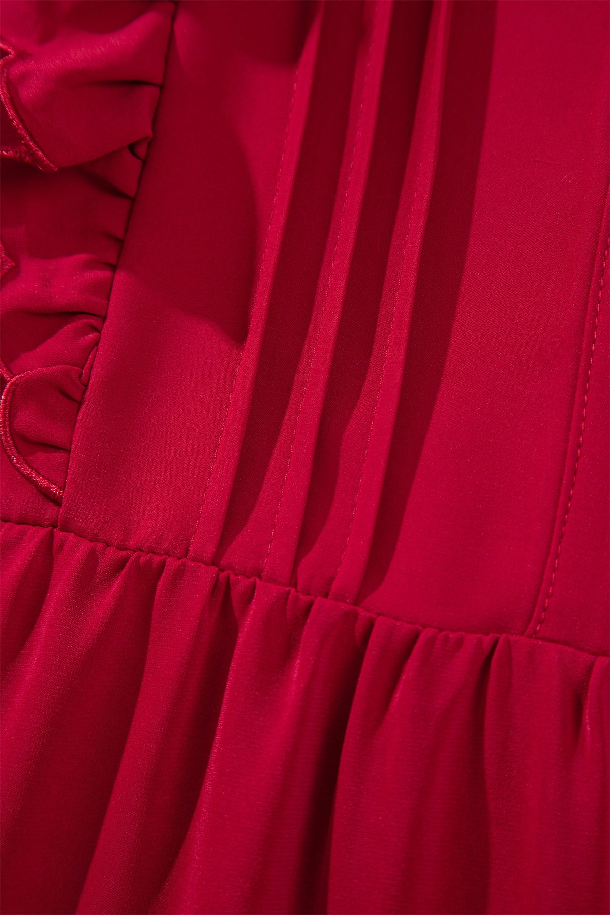 Racing Red Solid Color Ruffle Trim Long Sleeve Tiered Shift Midi Dress