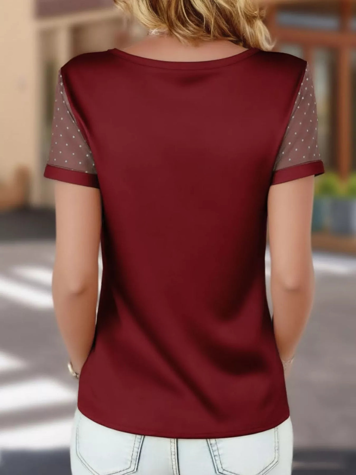 Satin V-Neck Sheer Short Sleeve Top
