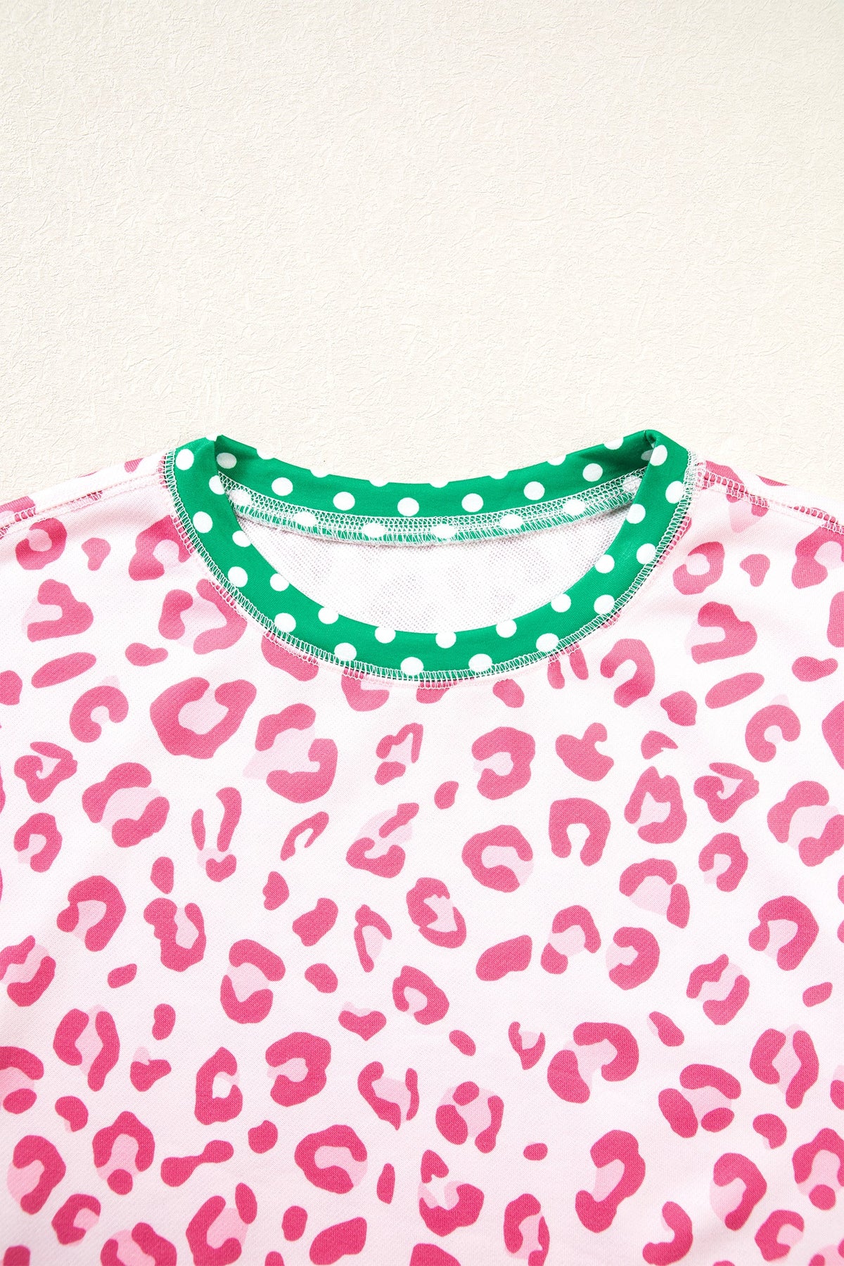 Pink Leopard Polka Dot Colorblock Trim Long Sleeve Top