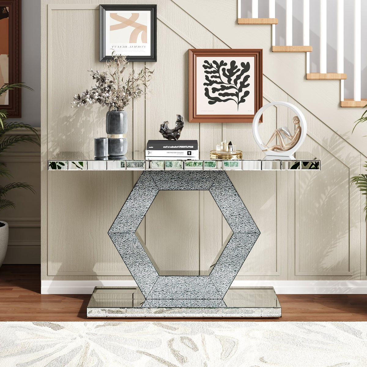 Sparkling Crystal Hexagon Mirror Entryway Console Table