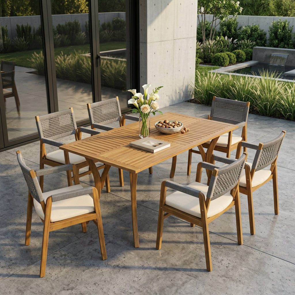 Outdoor 7 Pieces Rustic Patio Acacia Expandable Dining Set