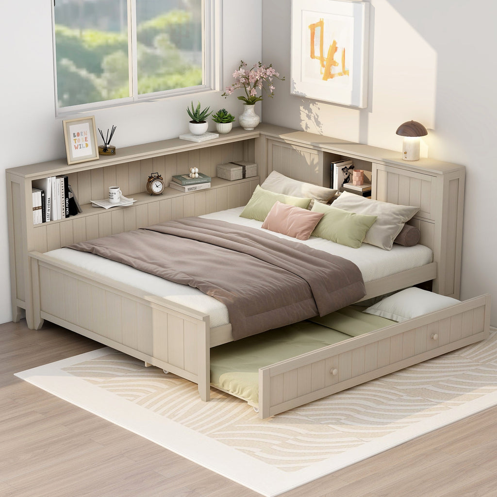 Full Size Wood Daybed with Storage Shelves and Trundle