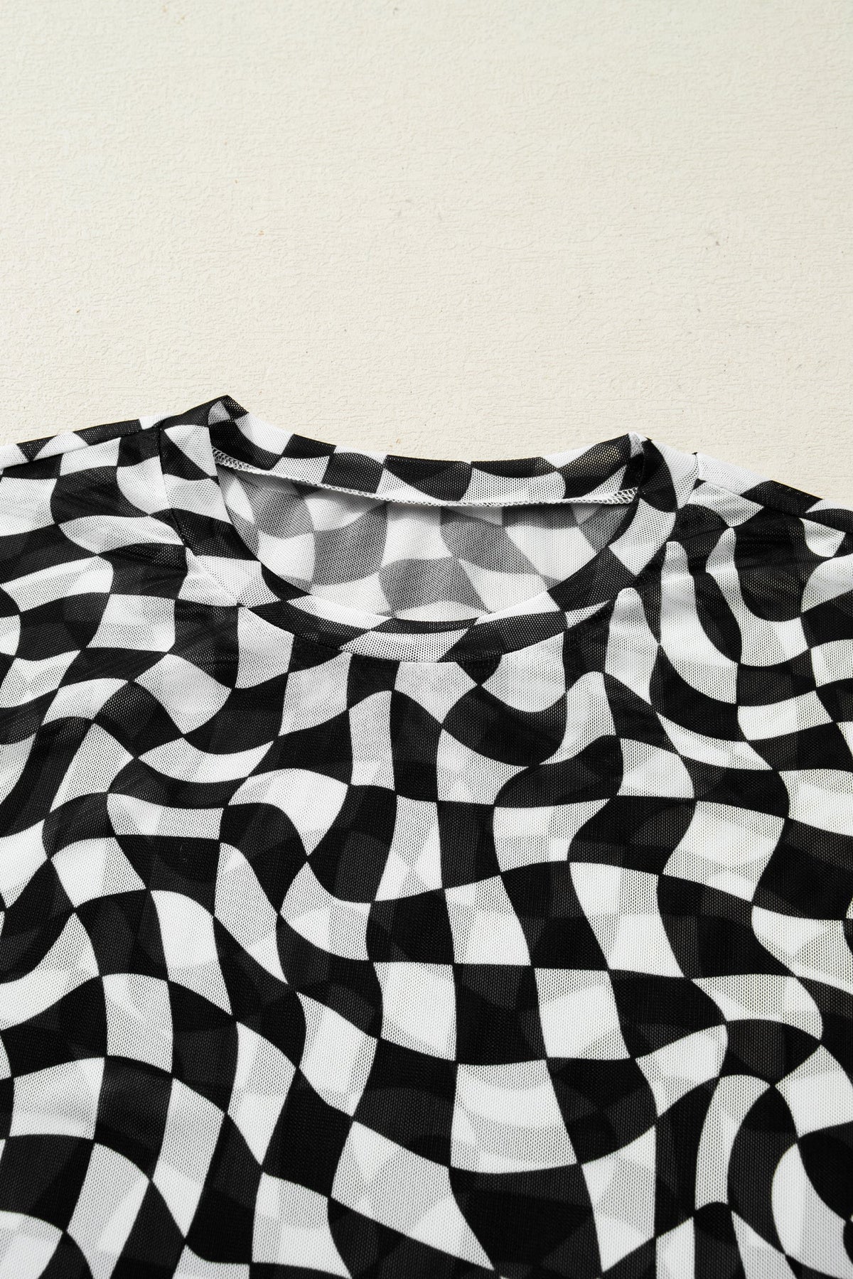 Checker Mesh Mock Neck Short Sleeve T-Shirt