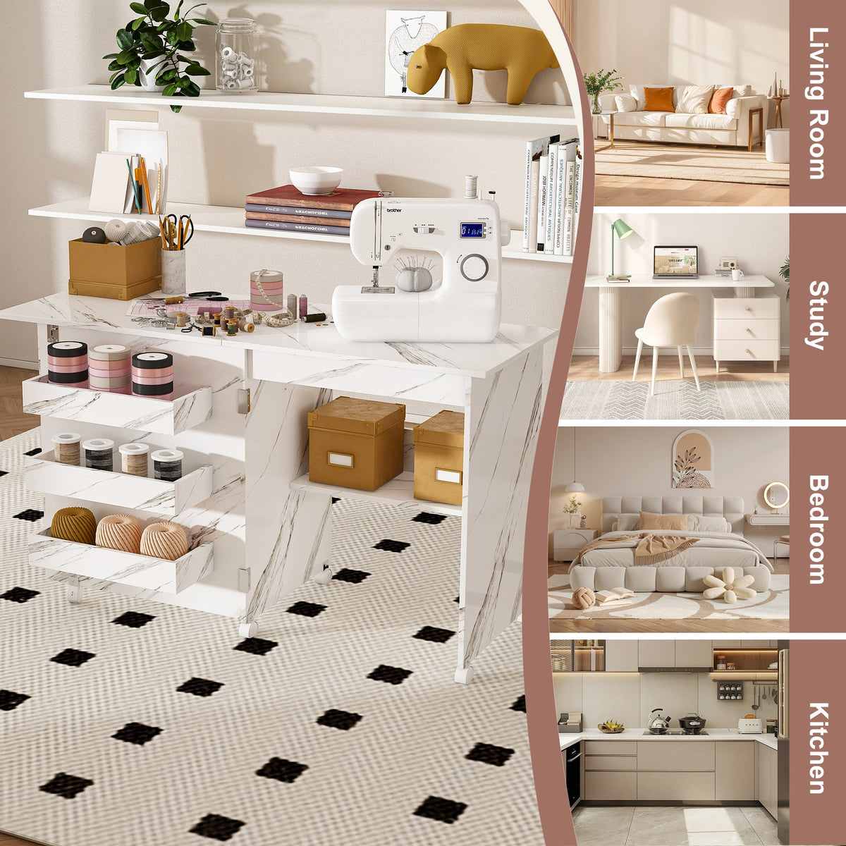 4-in-1 Folding Sewing Table with Lockable Wheels