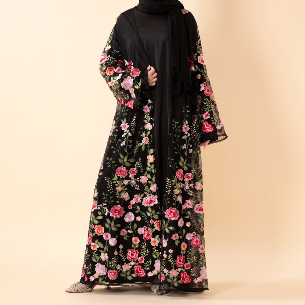 3D-Style Rose Garden Embroidered Open Abaya (MOA275)