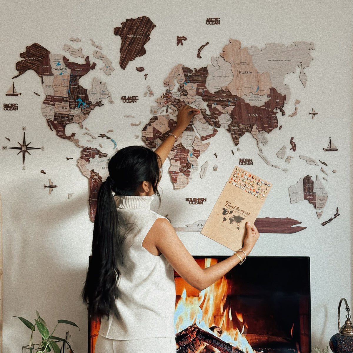 3D Wooden World Map Cappuccino