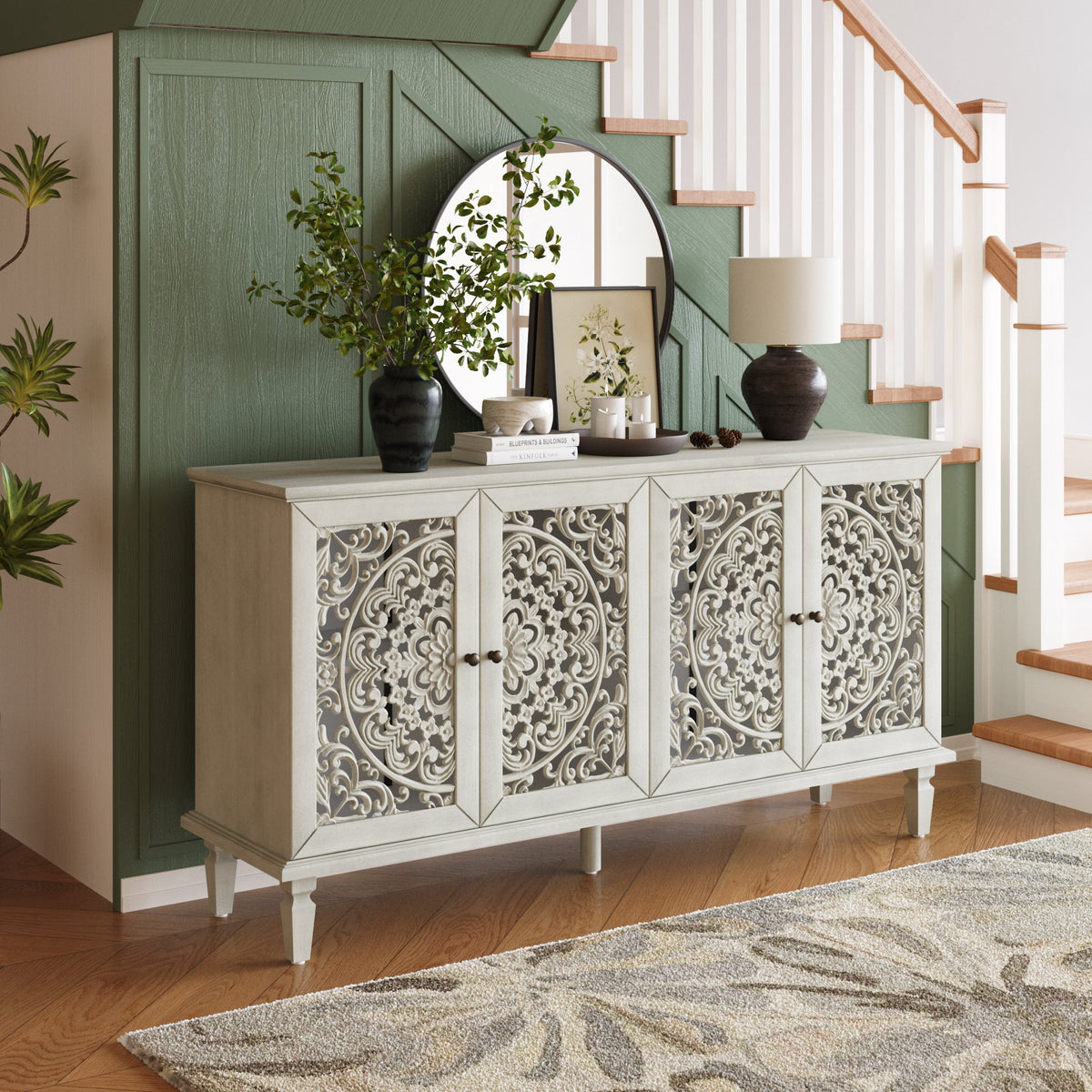 60" Antique Buffet Cabinet with Floral Carvings