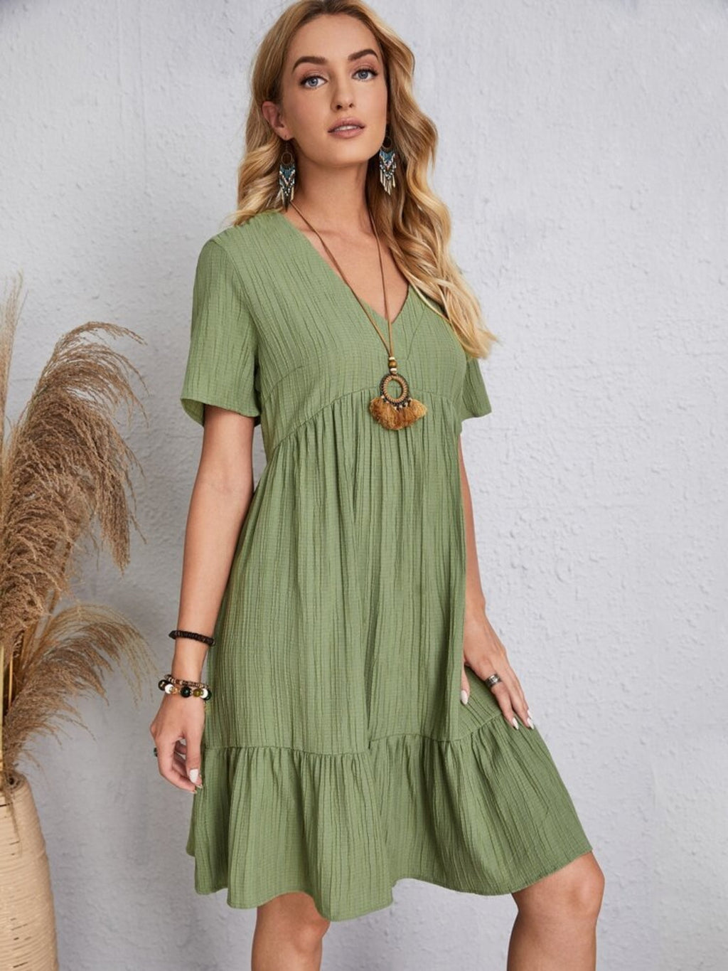 Classic Full Size V-Neck Short Sleeve Dress Casual & Comfortable Dress for Women
