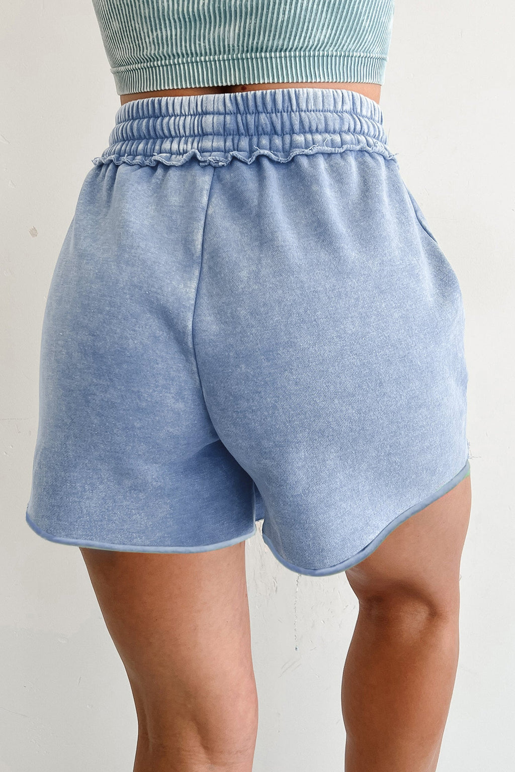 Mineral Wash Drawstring Elastic Waist Raw Edge Shorts