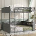 Queen Size Wooden Bunk Bed with Built-in Shelves and Storage
