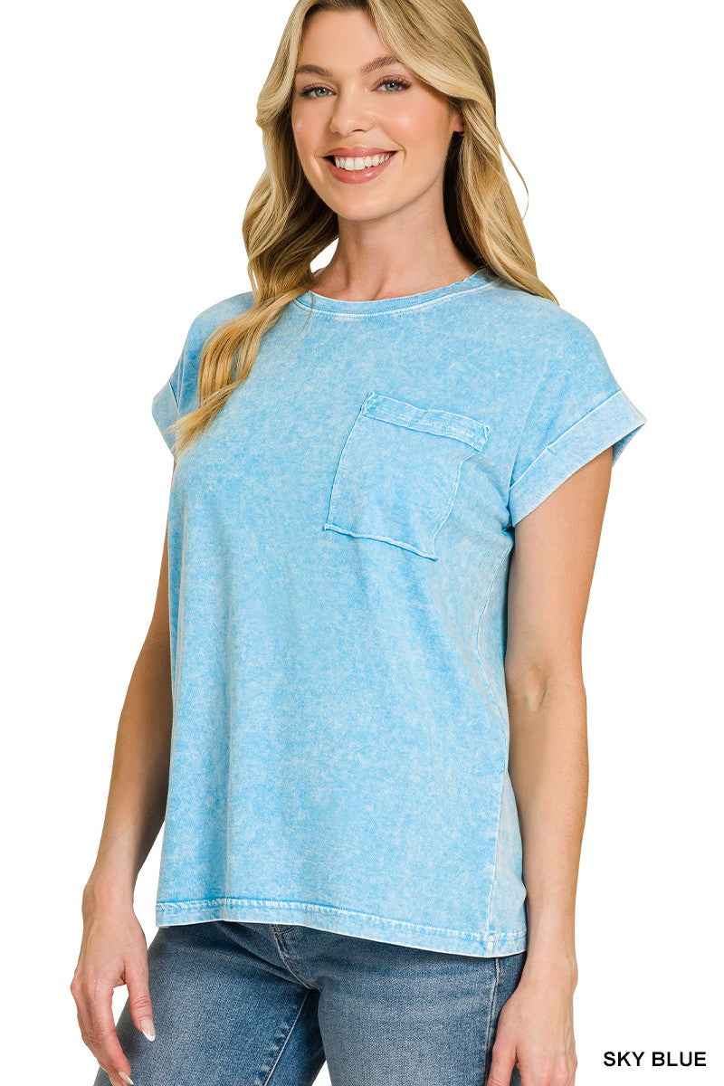 Sky Blue Snow Washed Cuffed Sleeve Tee by Zenana