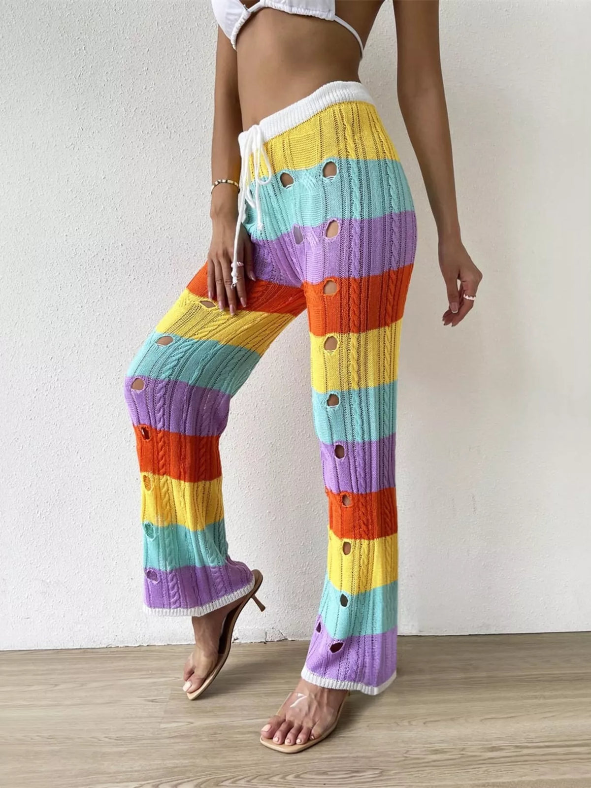 Striped Crochet Hollow-Out Knit Pants