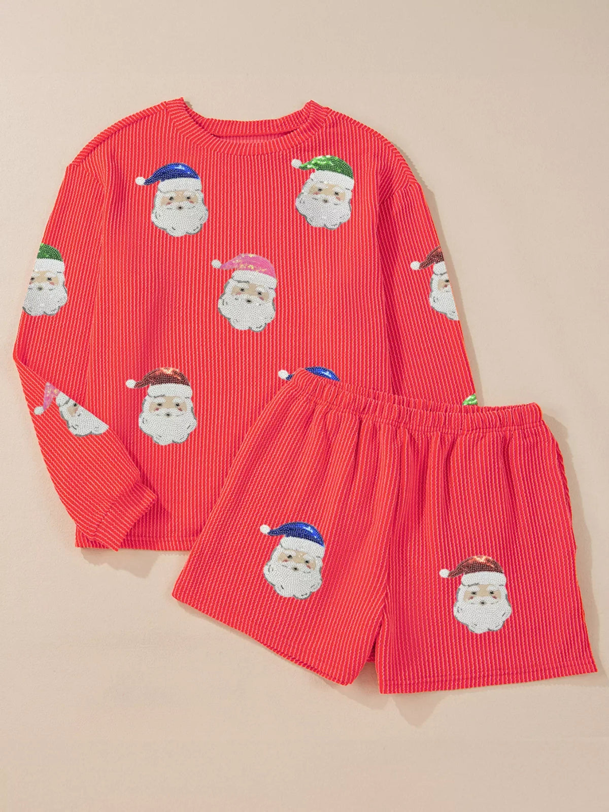 Twisted Ribbed Christmas Sequin Patched Top and Shorts Set