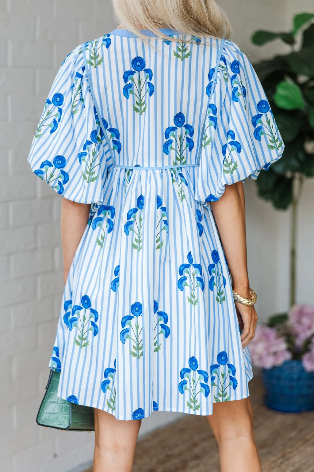 Floral Stripe Tie Notch Puff Sleeve Dress