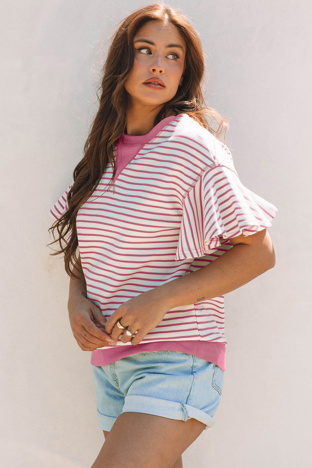 Stripe Contrast Detail Ruffle Short Sleeve Top