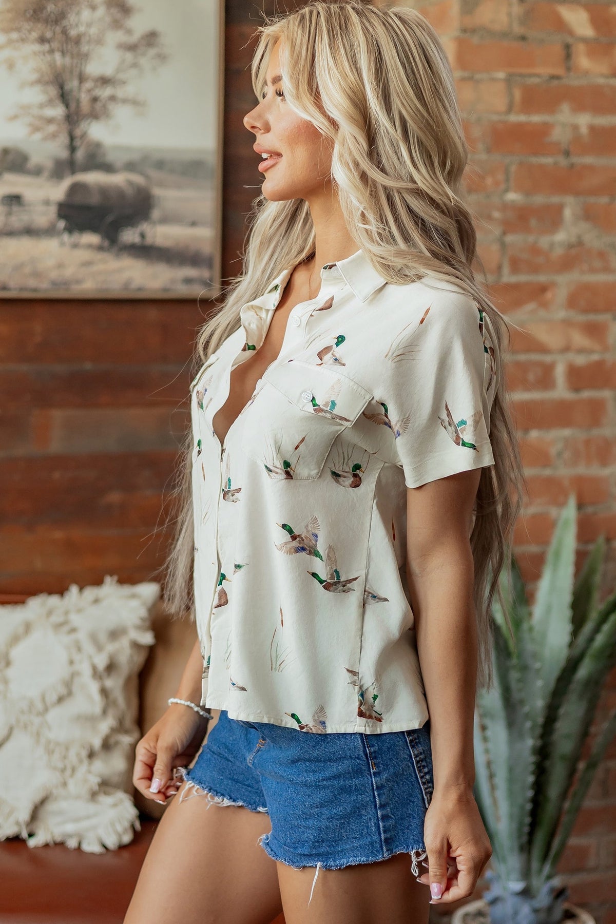 White Mallard Printed Button Flap Pocket Short Sleeve Shirt
