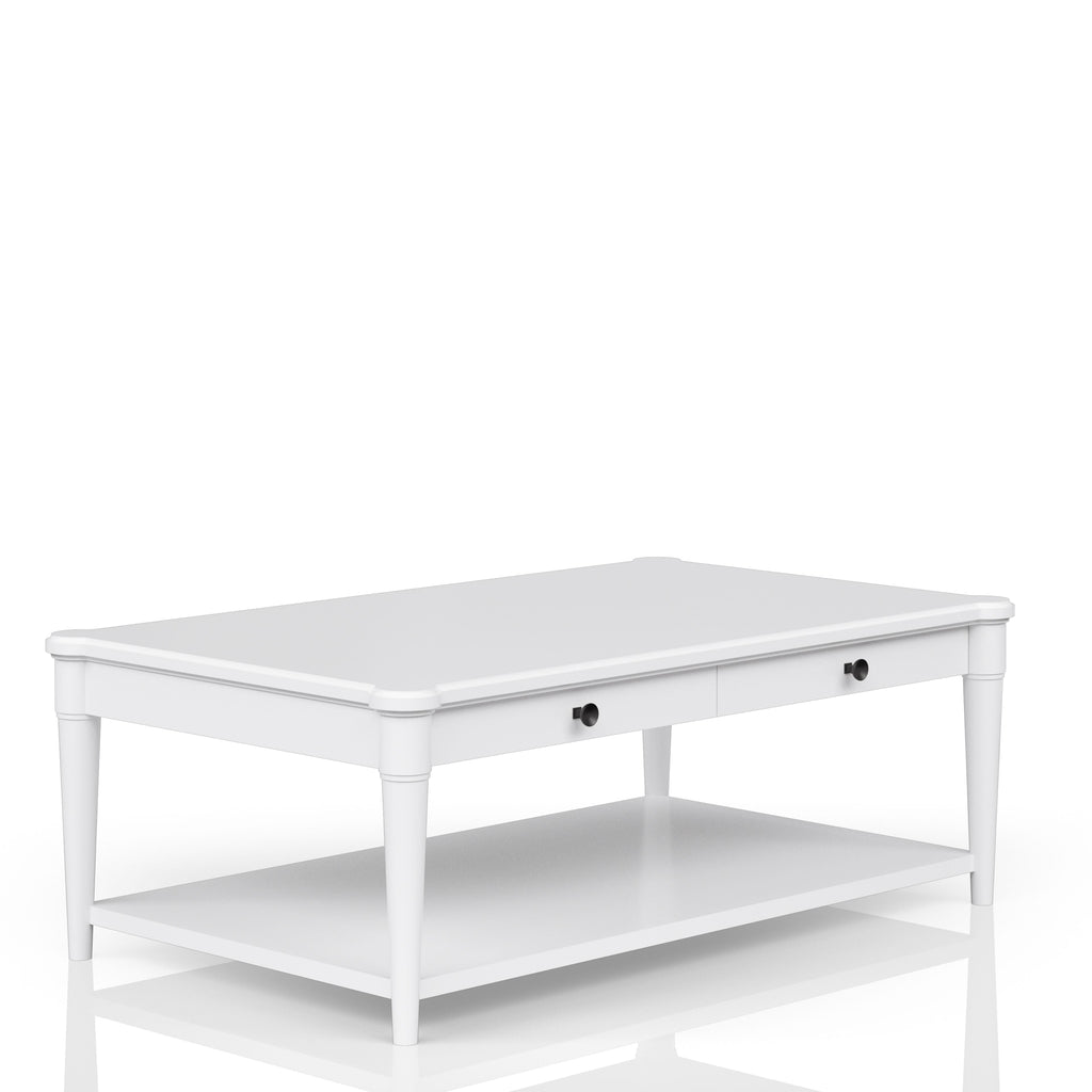 White Finished Cocktail Table With Two Storage Drawers and Casters