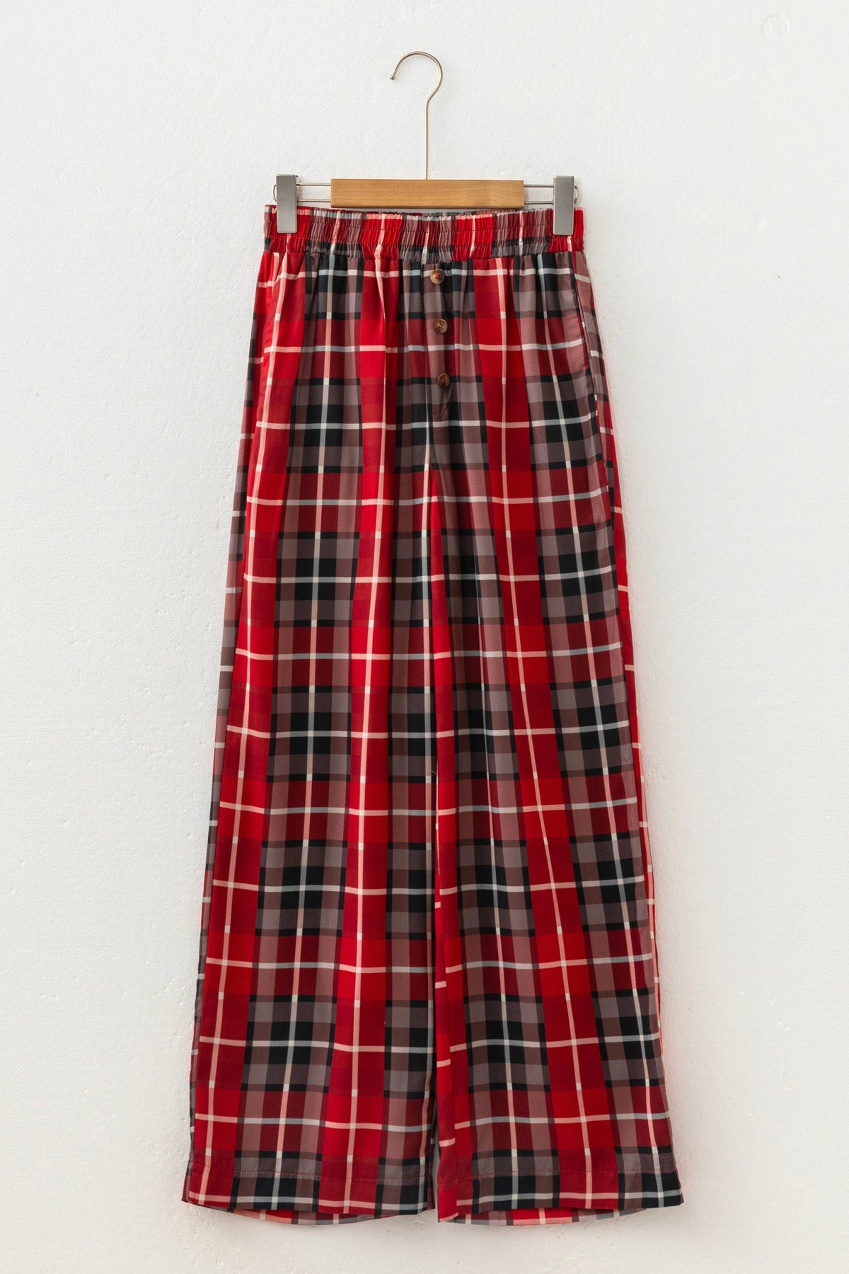 Plaid Buttoned Elastic Waist Wide Leg Pants