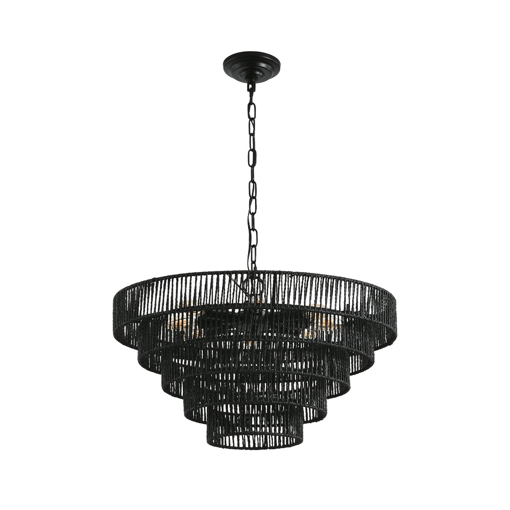 24" Rustic 5-Tier Black Hemp Rope Pendant Light